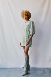 Gray Check Puff Sleeve Dress