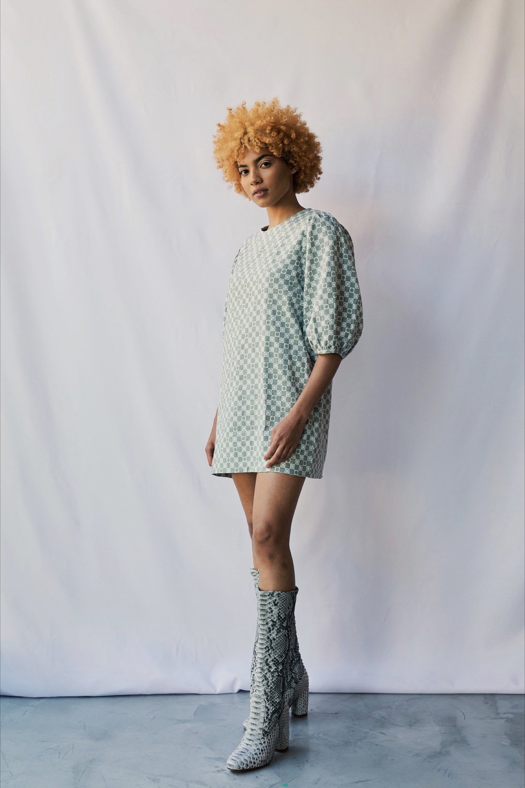 Gray Check Puff Sleeve Dress
