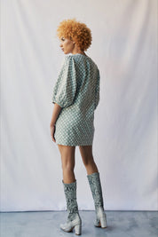 Gray Check Puff Sleeve Dress