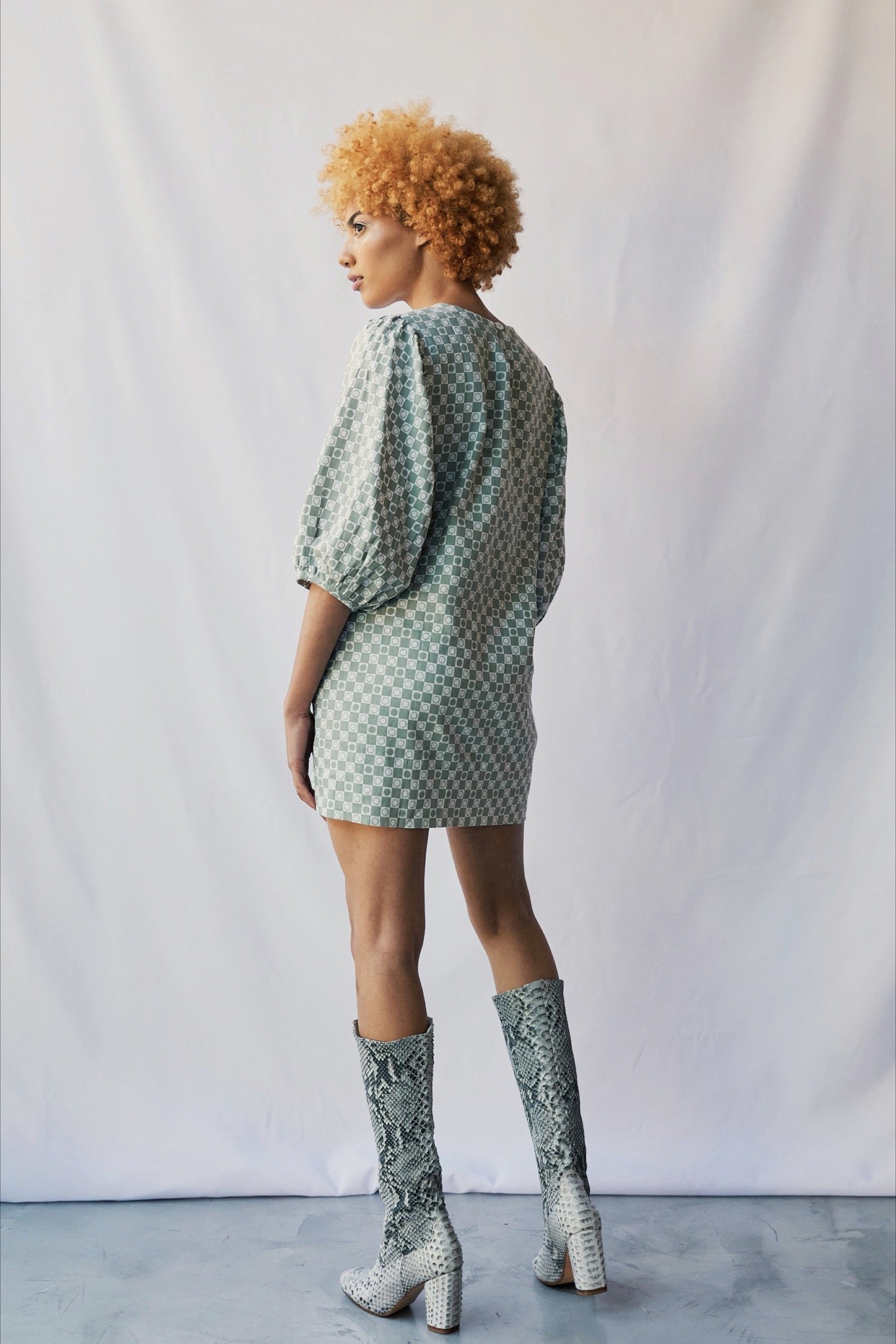 Gray Check Puff Sleeve Dress