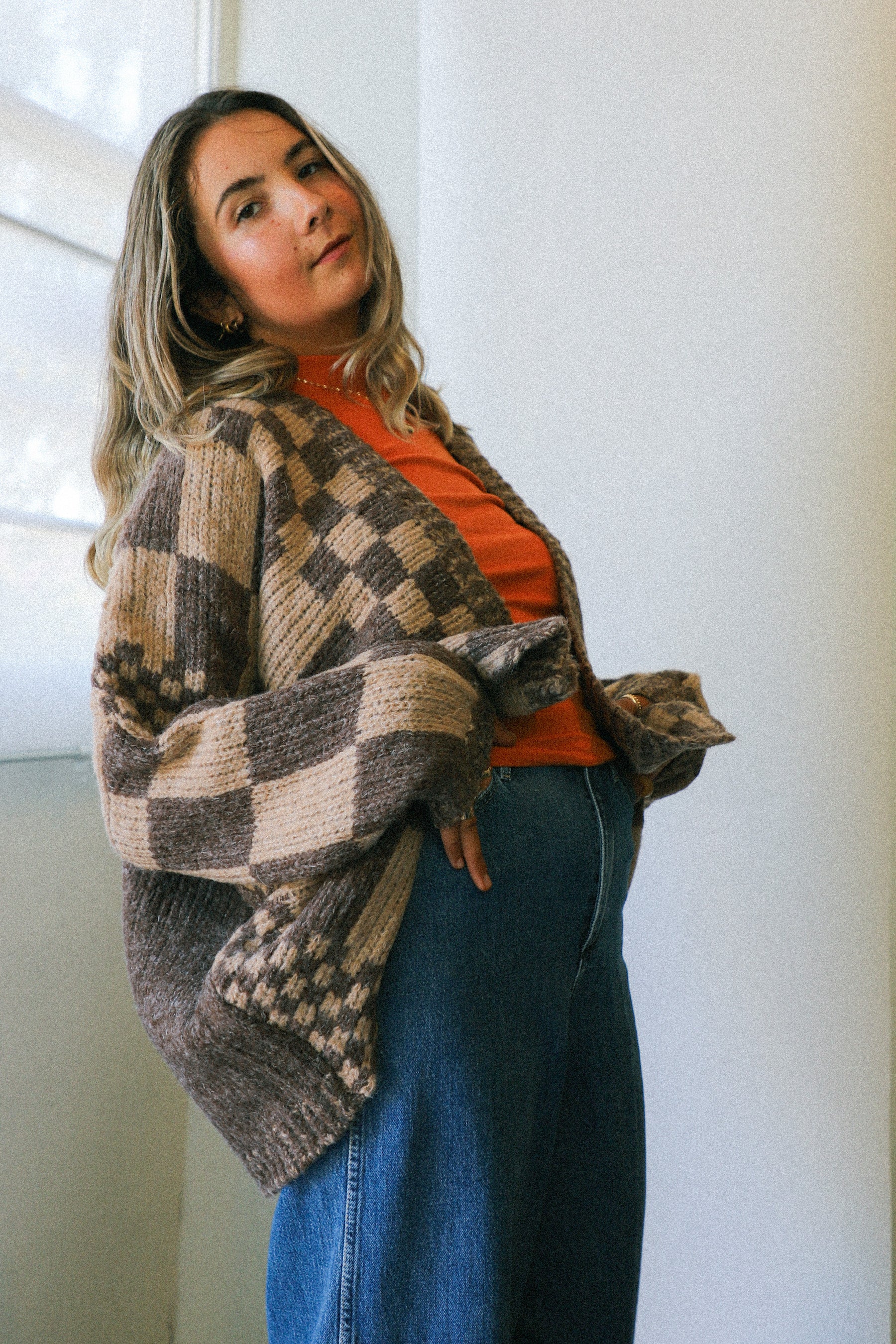 Checkered Open Front Cardigan