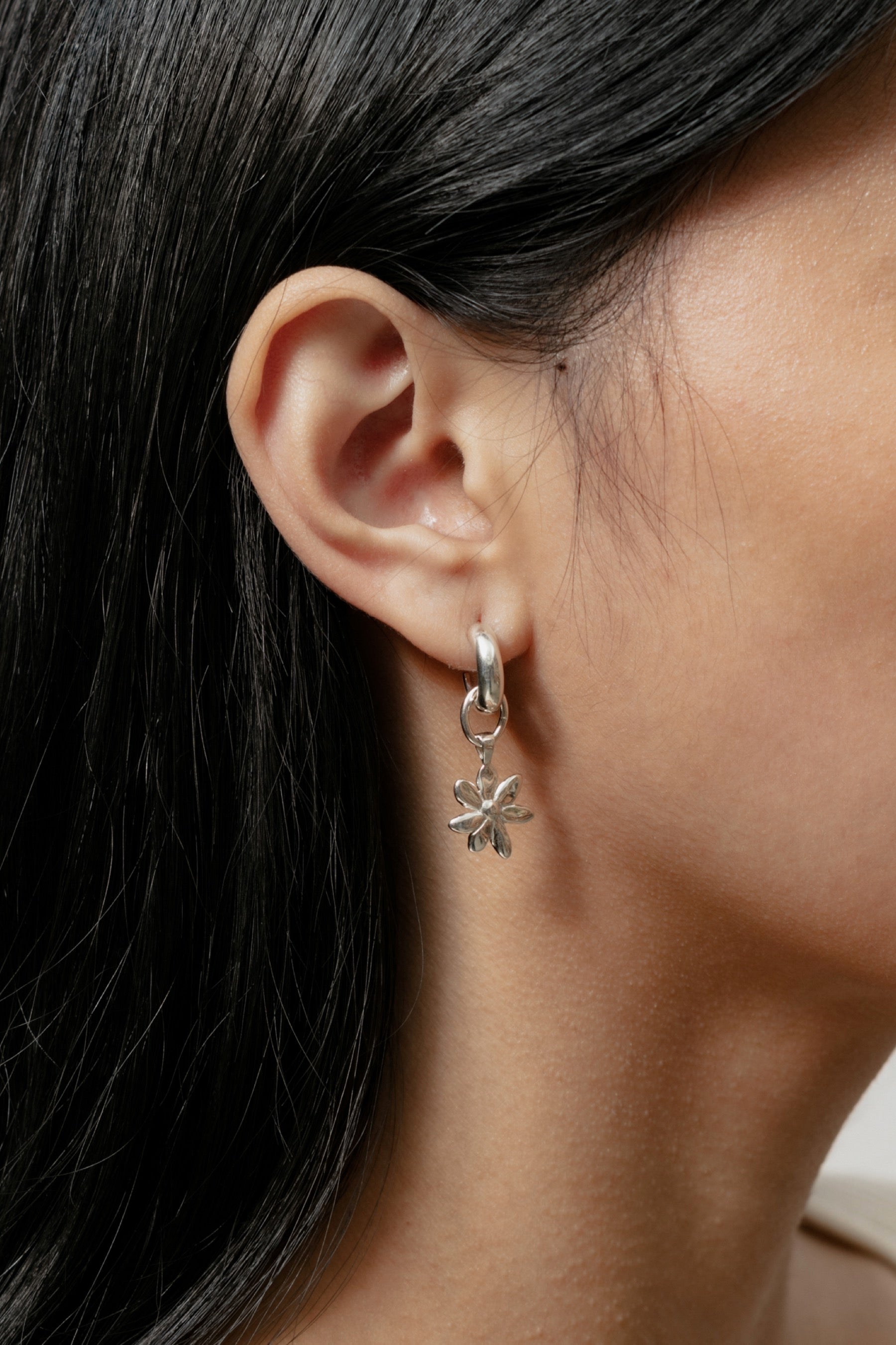 Silver Flower Charm Hoops
