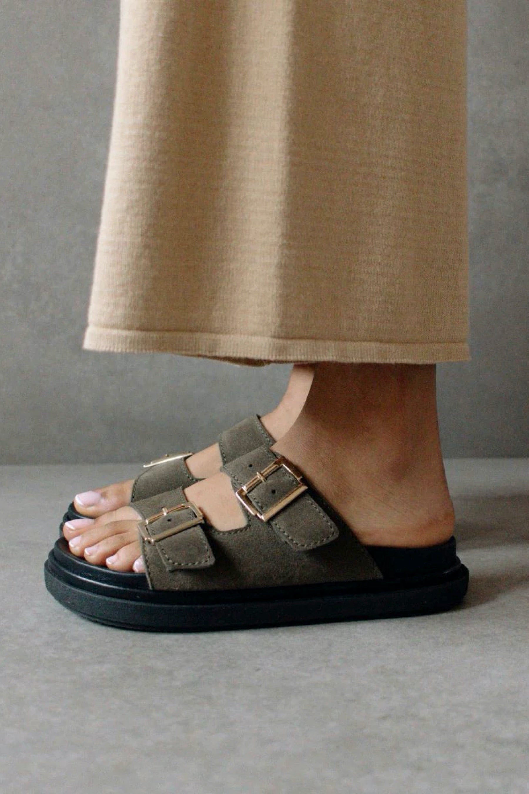 Khaki Suede Buckle Sandal