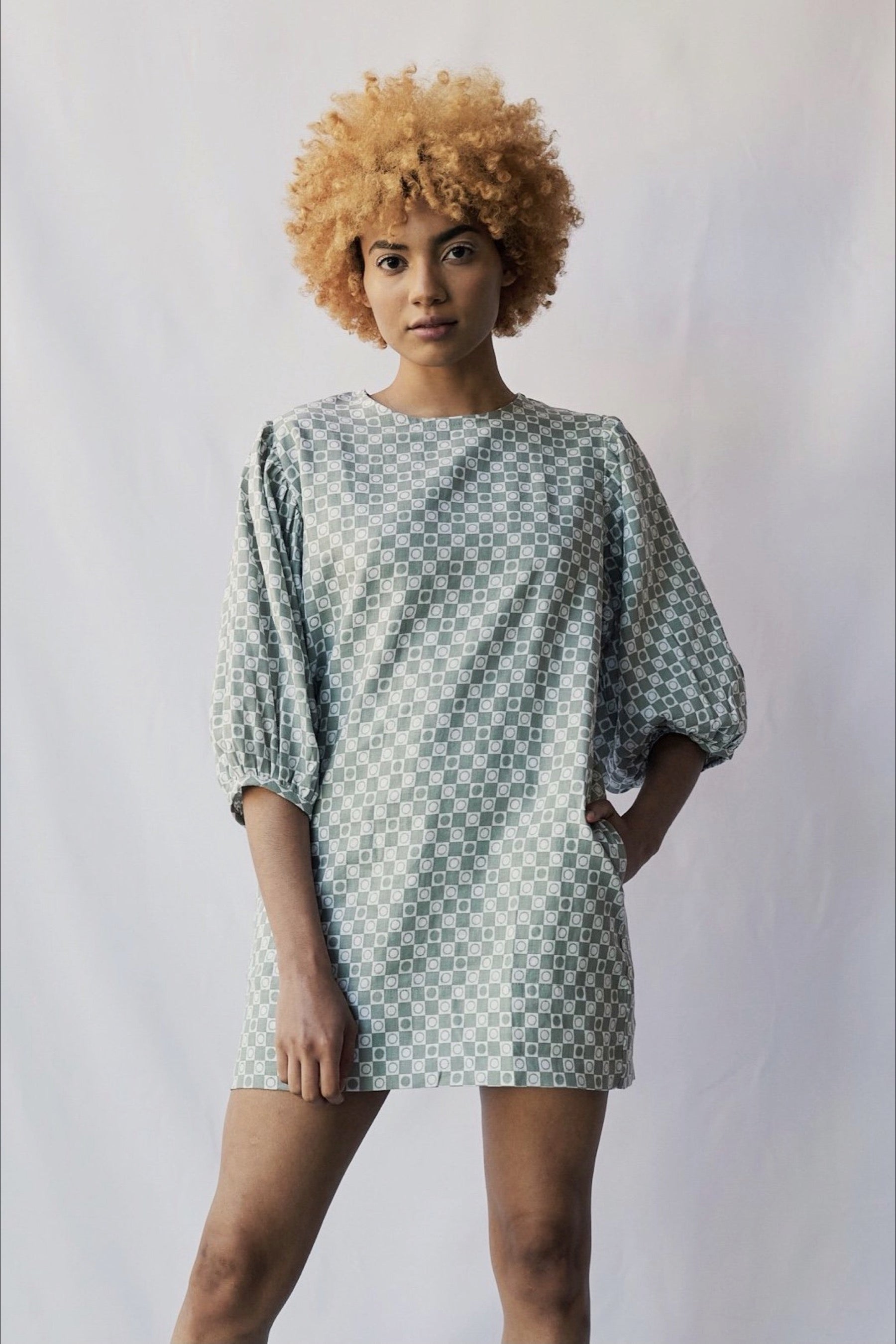 Gray Check Puff Sleeve Dress