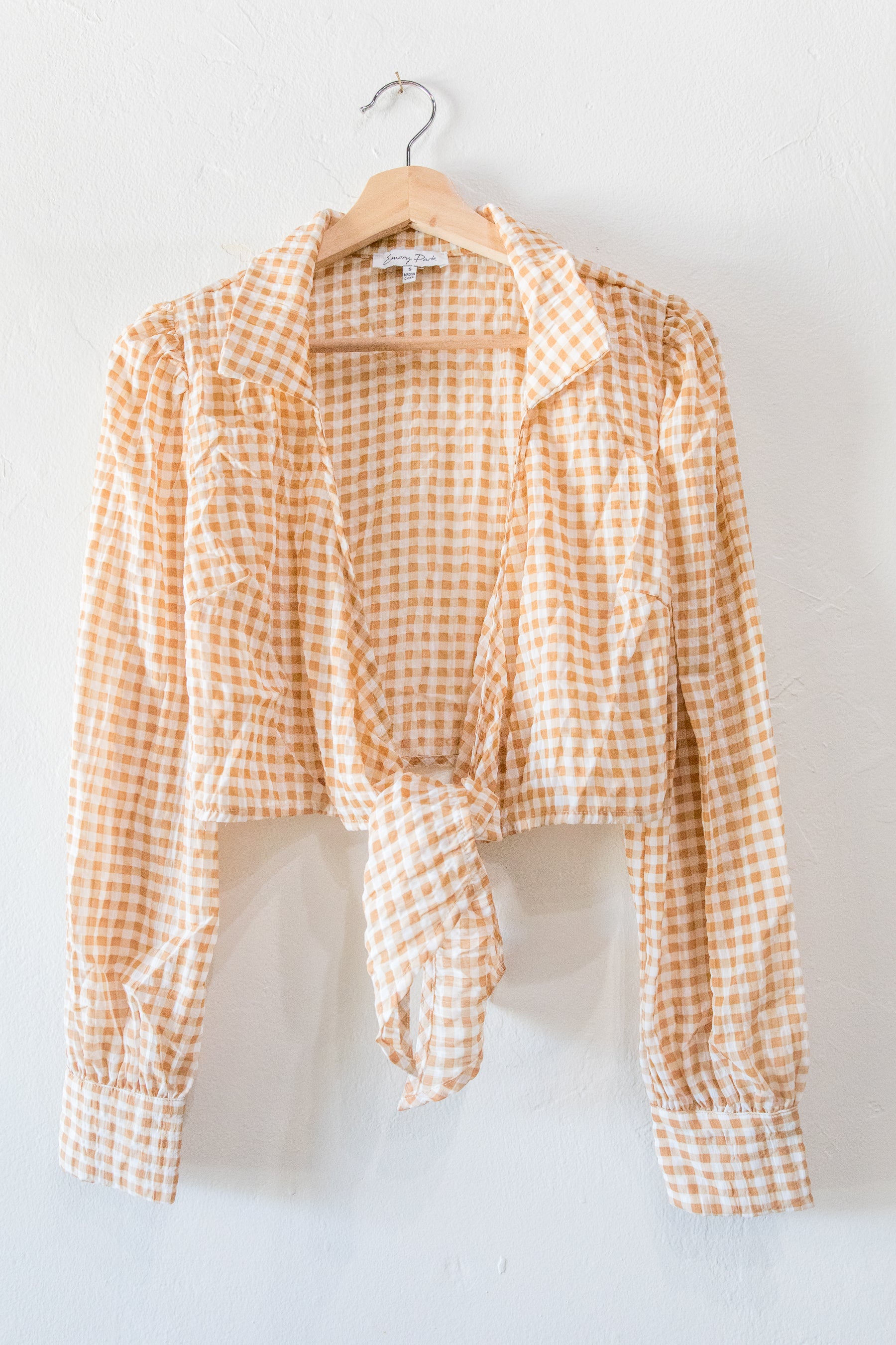 Camel Gingham Tie Front Top